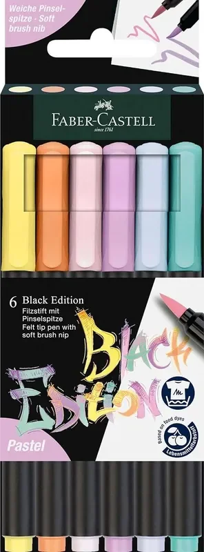 Faber-Castell Black Edition Pack de 6 Rotuladores Punta Pincel – Tinta a Base de Colorantes Alimentarios – Colores Pastel Surtidos
