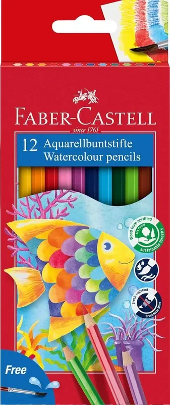 Faber-Castell Classic Colour Acuarelable Pack de 12 Lapices de Colores Hexagonales Acuarelables + Pincel – Resistencia a la Rotura – Colores Surtidos