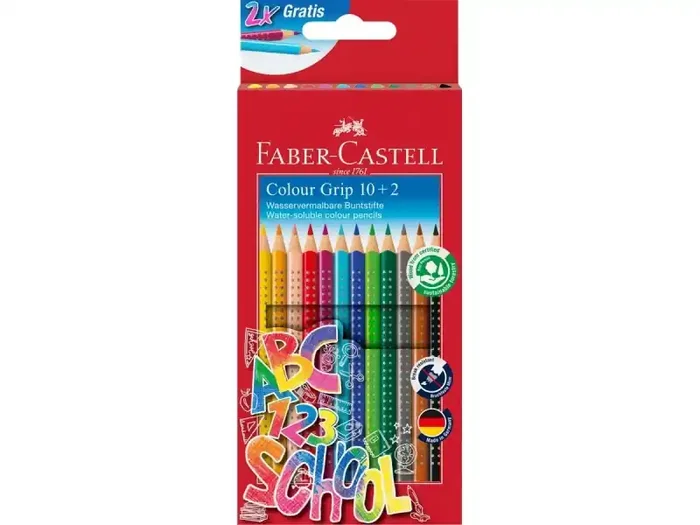 Faber-Castell Colour Grip Pack 10+2 Lapices de Colores Triangulares con Grip de Agarre – Con Espacio para el Nombre – Colores Surtidos