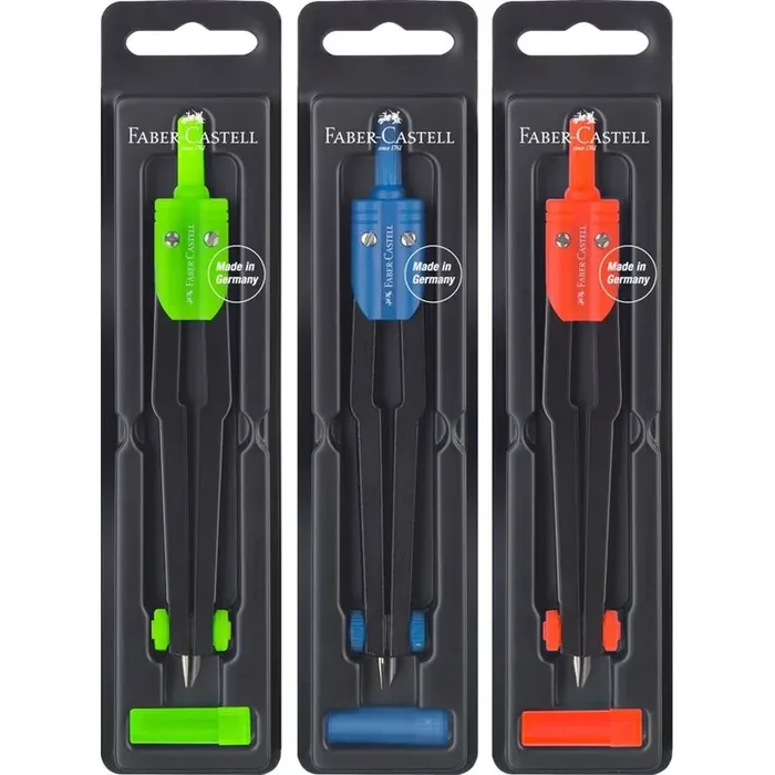 Faber-Castell Compas Escolar – Circunferencias de hasta Ø 360mm – Incluye Bote de Minas – Colores Surtidos (5 uds)