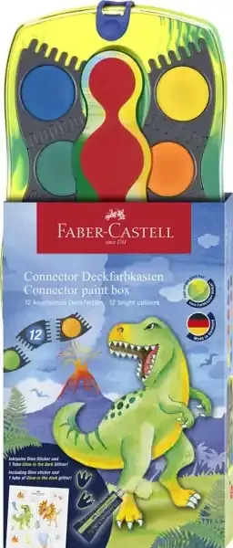 Faber-Castell Connector Dinosaurio Pack de 12 Acuarelas en Pastilla + Pintura Blanca Opaca + Pegatinas – Gran Opacidad – Facilmente Mezclables – Colores Surtidos