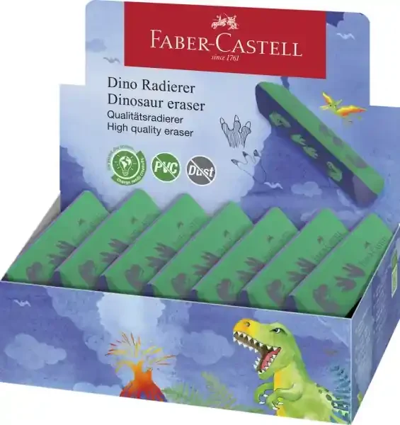 Faber-Castell Dinosaurio Goma de Borrar sin PVC – Forma Triangular Ergonomica – Sin Residuos – Borrado Limpio y Facil (15 uds)