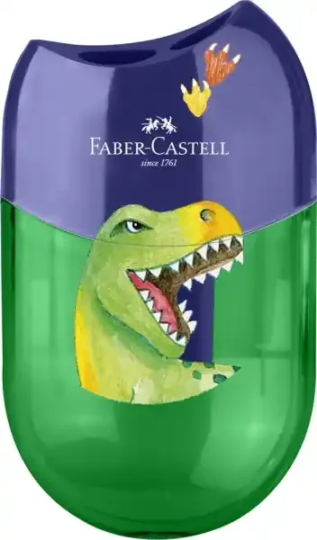Faber-Castell Dinosaurio Sacapuntas de 2 Orificios con Deposito – Diseño Atractivo de Dinosaurio – Color Verde/Azul