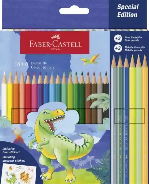 Faber-Castell Edicion Dinosaurios Pack de 24 Lapices de Colores Hexagonales – 18 Colores Clasicos + 3 Colores Neon + 3 Colores Metalizados – Incluye Pegatinas de Dinosaurios – Resistencia a la Rotura – Colores Surtidos