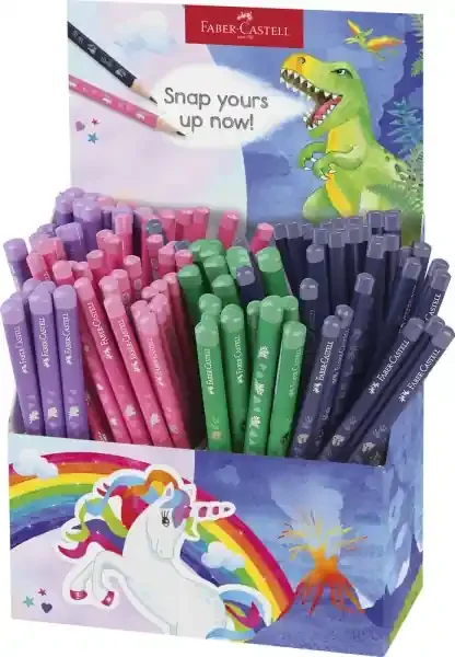Faber-Castell Expositor de 120 Lapices de Grafito HB – Diseños con Motivos de Dinosaurios y Unicornios – Colores Surtidos