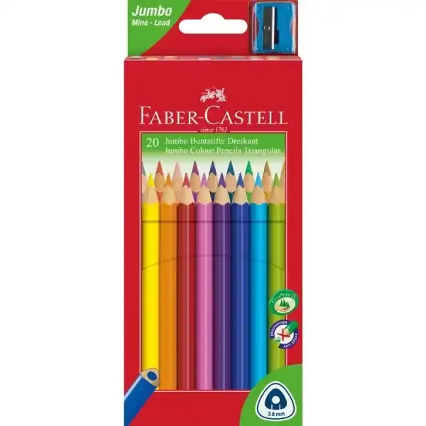 Faber-Castell Jumbo Junior Pack de 20 Lapices de Colores Triangulares + Sacapuntas – Mina Resistente a la Rotura – Lavable – Colores Surtidos