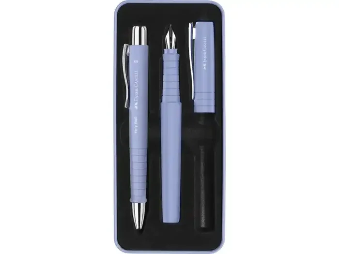 Faber-Castell Poly Pack de Boligrafo Poly Ball y Pluma Estilografica Poly Pen con Plumin B – Clip de Metal – Color Azul Claro