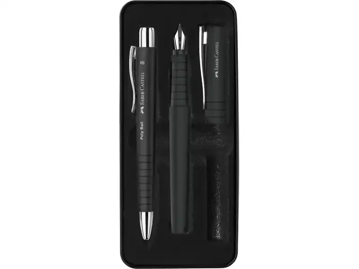 Faber-Castell Poly Pack de Boligrafo Poly Ball y Pluma Estilografica Poly Pen con Plumin B – Clip de Metal – Color Negro
