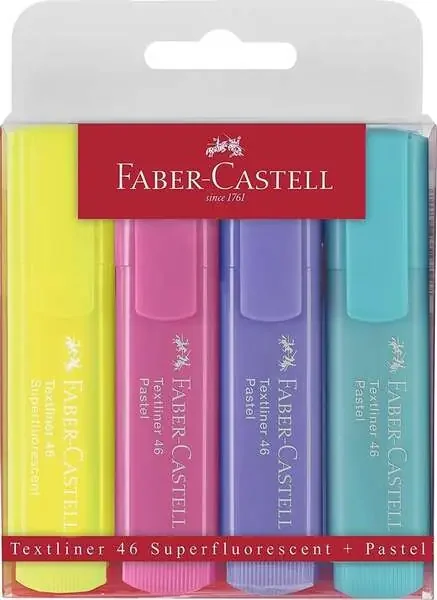 Faber-Castell Textliner 46 Pastel Pack de 4 Marcadores Fluorescentes – Punta Biselada – Trazo entre 1mm y 5mm – Tinta con Base de Agua – Colores Surtidos