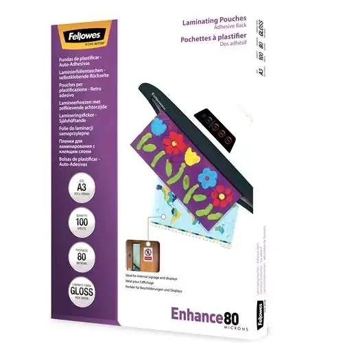 Fellowes Pack de 100 Fundas AutoAdhesivas para Plastificar Brillo A3 – 80 Micras – Alta Calidad – Transparente