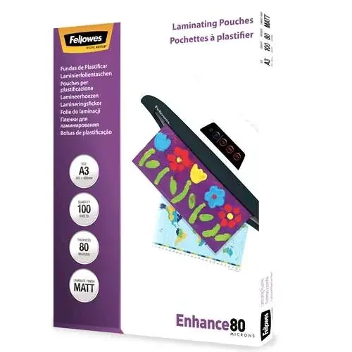 Fellowes Pack de 100 Fundas para Plastificar Mate A3 – 80 Micras – Alta Calidad – Transparente