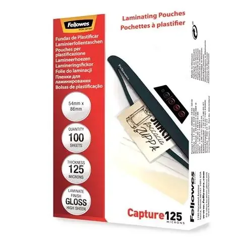 Fellowes Pack de 100 Fundas para Plastificar Tarjetas 54 x 86 mm Brillo Tamaño DNI – 125 Micras – Alta Calidad – Transparente