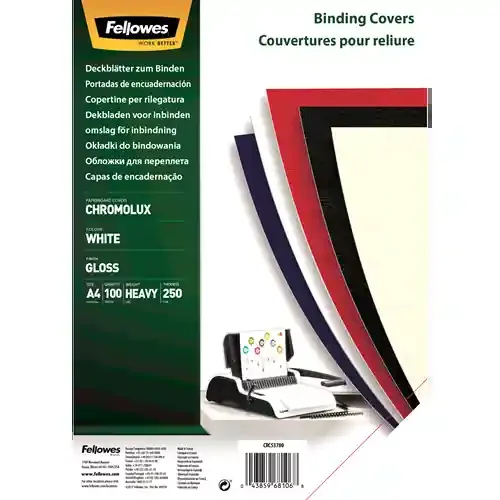 Fellowes Pack de 100 Papel para Contraportada de Documento – A4 – Acabado en Brillo – 250 grs – Certificacion FSC