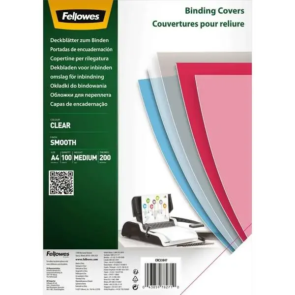 Fellowes Pack de 100 Portadas de Polietileno Transparentes para Documentos A4 – Grosor 200 Micras – para Encuadernadoras de Espiral o Canutillo