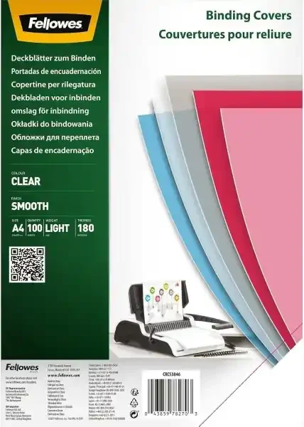 Fellowes Pack de 100 Portadas de Polietileno Transparentes para Documentos A4 – Grosor de 180 Micras – para Encuadernadoras de Espiral o Canutillo
