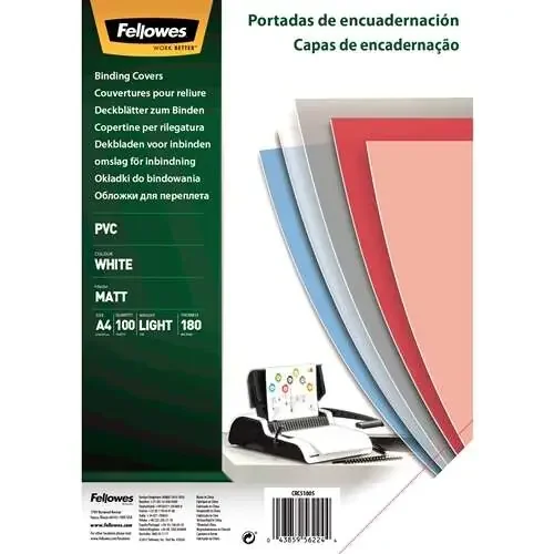 Fellowes Pack de 100 Portadas para Encuadernar de PVC A4 – 180 Micras – Alta Calidad – Color Blanco