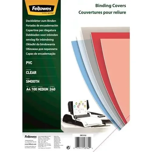 Fellowes Pack de 100 Portadas para Encuadernar de PVC A4 – 240 Micras – Acabado de Calidad – Transparente