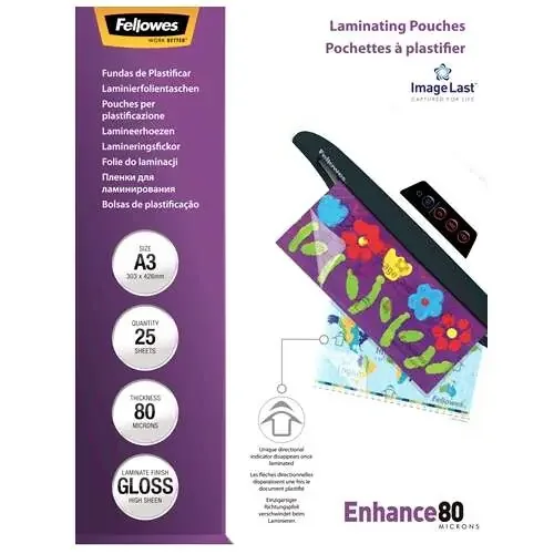 Fellowes Pack de 25 Fundas para Plastificar Brillo A3 – 80 Micras – Alta Calidad – Transparente