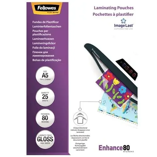 Fellowes Pack de 25 Fundas para Plastificar Brillo A5 – 80 Micras – Alta Calidad – Transparente