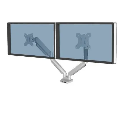 Fellowes Platinum Series Brazo para Monitor Doble – Hasta 27″ y 9kg – 2 Puertos USB – Ajustable con Muelle de Gas – Color Plata