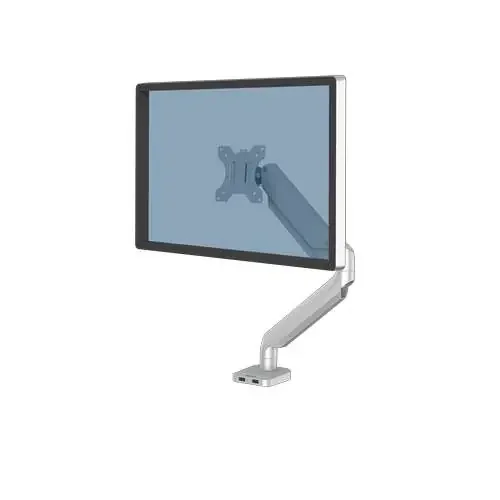 Fellowes Platinum Series Brazo para Monitor Individual – Ajustable con Muelle de Gas – 2 Puertos USB – Sistema de Gestion de Cables – Color Plata