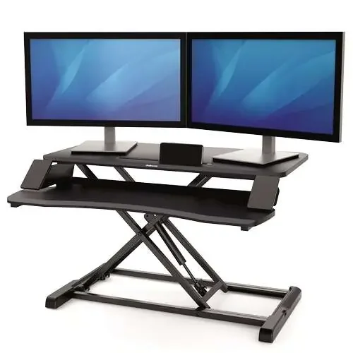 Fellowes Sit-Stand Corsivo Estación de Trabajo – Sistema de Muelle a Gas – Amplia Plataforma Superior – Plataforma Inferior para Raton y Teclado – Color Negro
