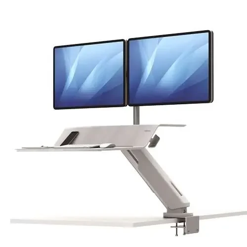 Fellowes Sit-Stand Lotus RT Estacion de Trabajo Doble – Amplia Superficie – Incluye Brazo Monitor – Superficie de Madera Resistente – Color Blanco