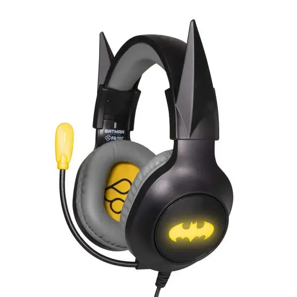 FR-TEC Batman Auriculares Gaming con Microfono Plegable – Diadema Ajustable – Almohadillas Acolchadas – Iluminacion LED Amarilla – Color Gris