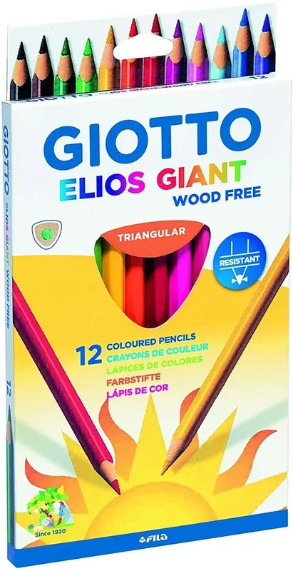 Giotto Elios Giant Wood Free Pack de 12 Lapices Triangulares de Colores – Sin Madera – Mina 5 mm – Colores Surtidos