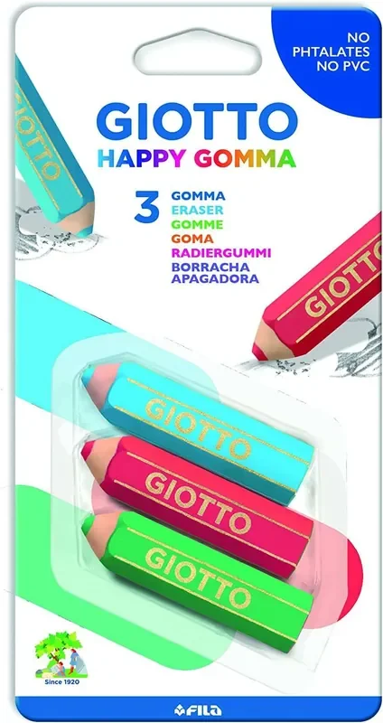 Giotto Happy Goma Pack de 3 Gomas de Borrar – Plastico – Colores Surtidos