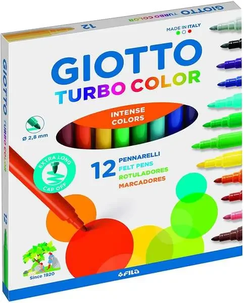 Giotto Turbo Color Pack de 12 Rotuladores – Punta Fina 2.8 mm. – Tinta al Agua – Lavable – Colores Surtidos