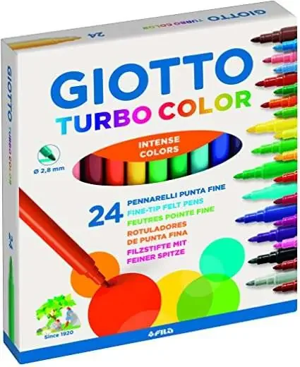Giotto Turbo Color Pack de 24 Rotuladores – Punta Fina 2.8 mm. – Tinta al Agua – Lavable – Colores Surtidos
