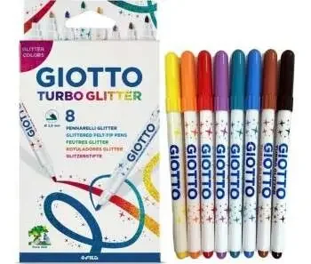 Giotto Turbo Glitter Pack de 8 Rotuladores – Punta Fina 2.8mm – Tinta al Agua – Lavable – Colores Surtidos