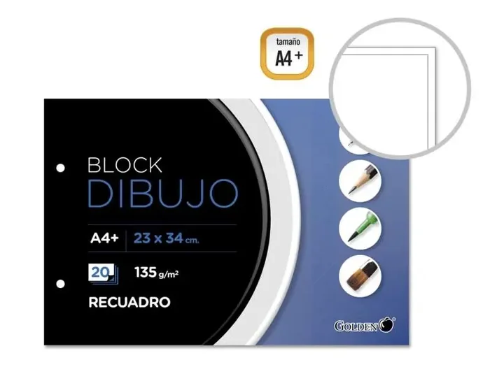 Golden Cuaderno de Dibujo A4 Plus – Papel de 135gr – 20 Hojas – Recuadro Interior A4 – Encolado con Dos Taladros