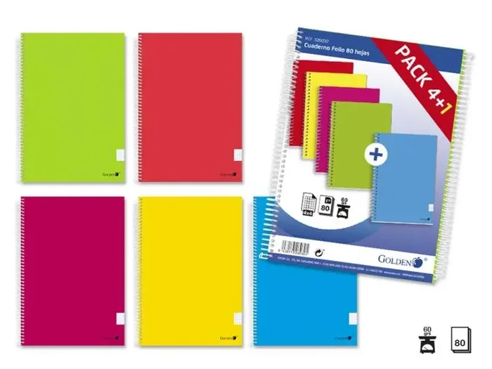 Golden Pack de 5 Cuaderno Tapa Normal Plastificada 80 Hojas – Margen Remarcado – Cuadricula 4×4