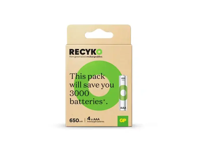 GP ReCyko Pack de 4 Pilas Recargables 650mAh AAA 1.2V – Precargadas – Fabricadas con mas del 10% de Materiales Reciclados