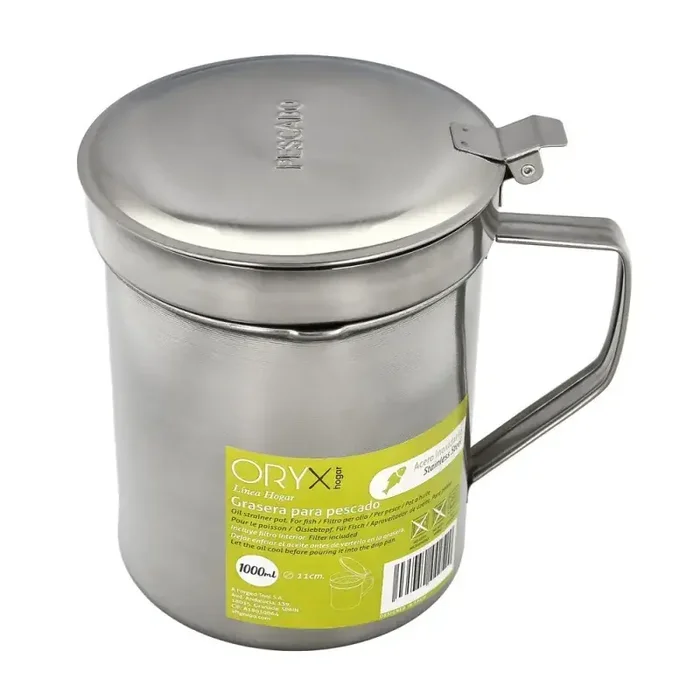 Grasera Acero Inoxidable Para Pescado Aceitera Aceite Usado 1,0 L. Con Colador y Tapa, Recipiente Reciclaje Aceite