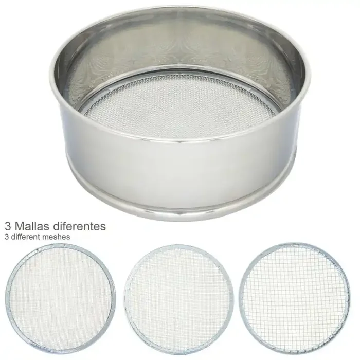 Harinero Tamizador Acero Inoxidable Diámetro 20 cm. Con 3 Mallas Intercambiables