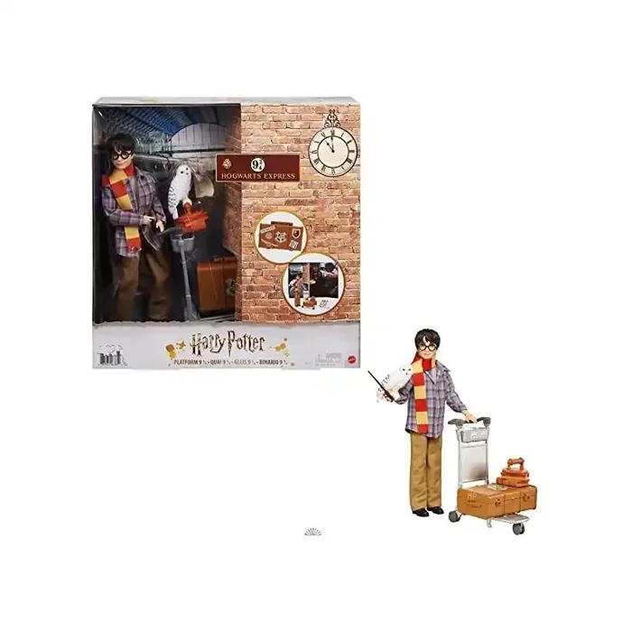 Harry Potter en la Plataforma 9 3/4, muñeco articulado de juguete con Hedwig y carrito portaequipajes con accesorios y pegatinas