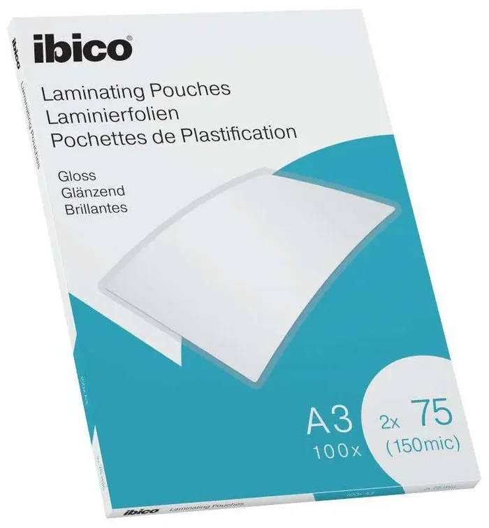Ibico Gloss A3 150 Micras Carteras de Plastificar – Acabado Cristalino de Alto Brillo – Tamaño A3 – Caja de 100 – Color Transparente