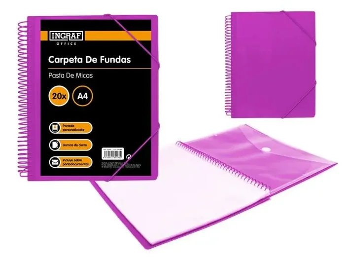 Ingraf Carpeta 20 Fundas con Sobre Portada – Polipropileno Rigido – Tamaño A4 – Espiral Plastica Indeformable – Apertura 360 Grados – Sobre Transparente con Broche – Portada Personalizable – Color Morado