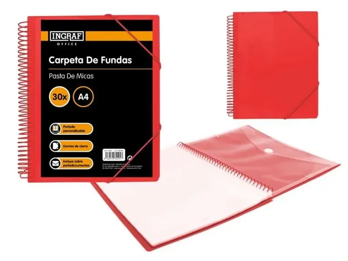 Ingraf Carpeta 30 Fundas con Sobre Portada – Polipropileno Rigido – Espiral Plastica Indeformable – Apertura 360 Grados – Sobre Transparente con Cierre de Broche – Color Rojo