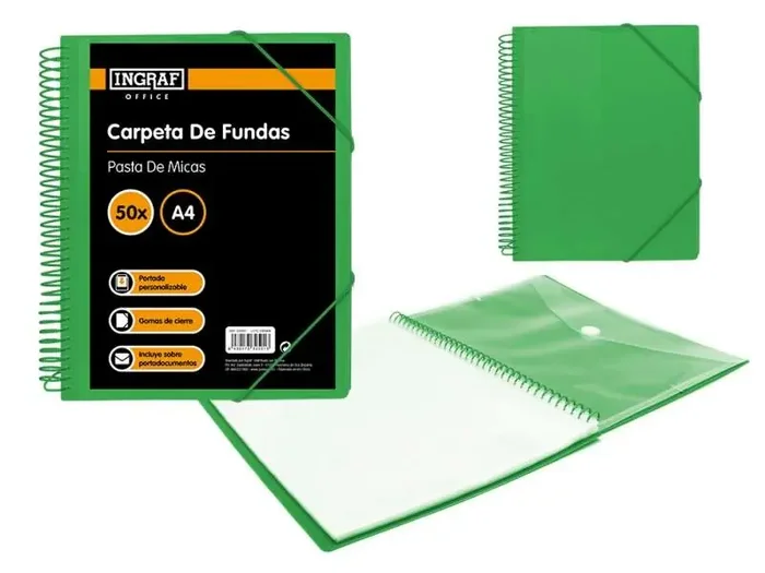 Ingraf Carpeta 50 Fundas con Sobre Portada – Pol ipropileno Rigido – Tamaño A4 – Espiral Plastica Indeformable – Apertura 360 Grados – Sobre Transparente con Broche – Color Verde