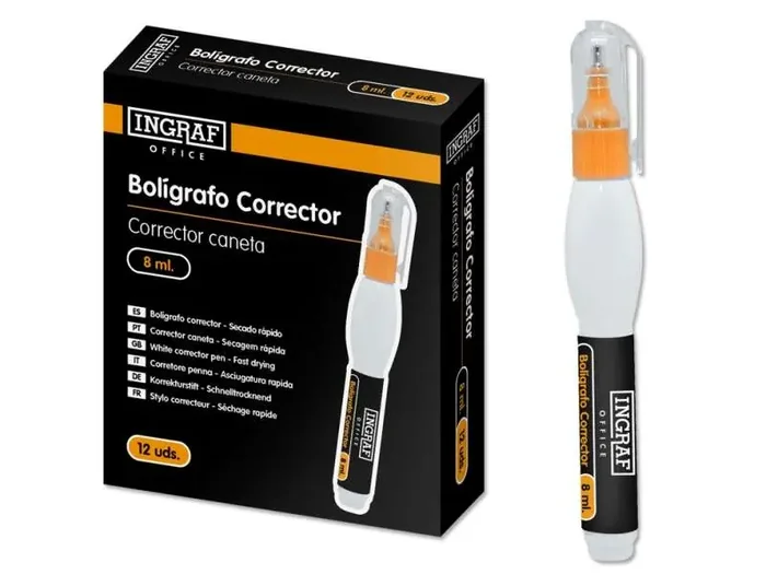 Ingraf Corrector Boligrafo de 8 Mililitros – Punta Metalica Fina – Secado Rapido – Forma Ergonomica (12 uds)