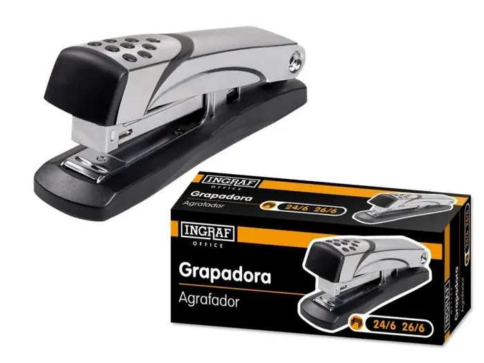 Ingraf Grapadora N5 Metalica – Cuerpo Metalico con Adornos en Plastico – Recubrimiento de Goma Antideslizante – Compatible con Grapas 24/6 y 26/6 – Color Gris