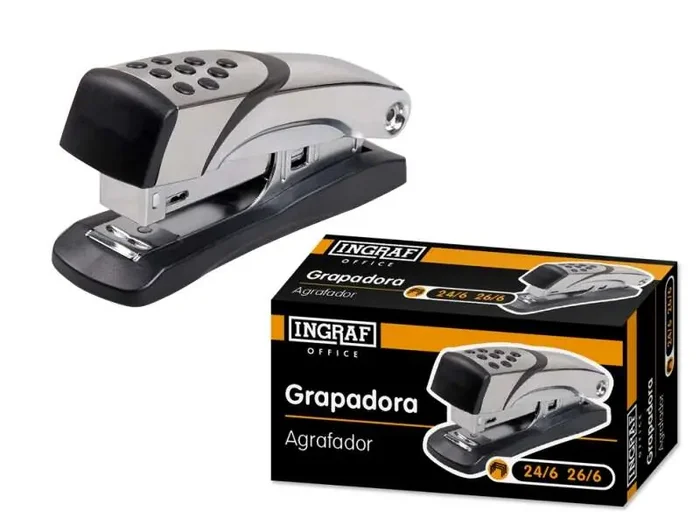 Ingraf N4 Grapadora Metalica – Cuerpo Metalico con Adornos en Plastico – Recubrimiento de Goma Antideslizante – Compatible con Grapas 24/6 y 26/6 – Color Gris