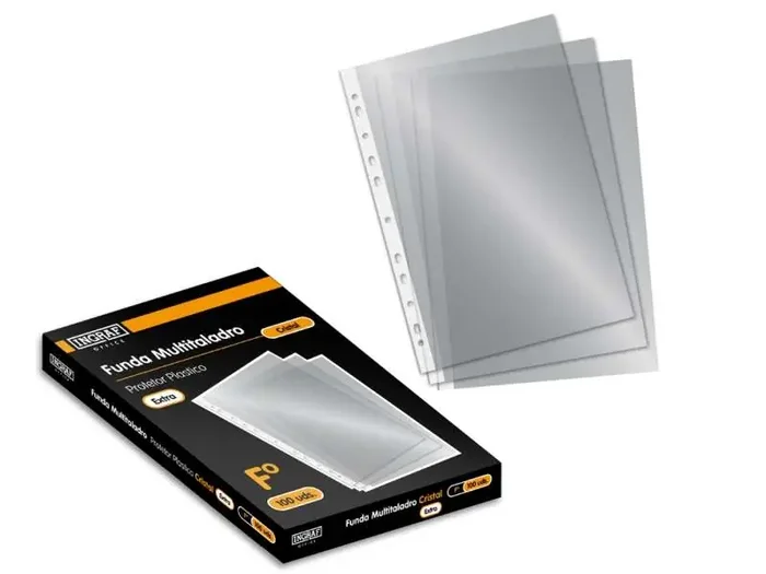 Ingraf Pack de 100 Fundas Multifuncional Cristal Extra Cj – Transparente – Ideal para Carpetas de Anillas – Acabado Cristal y Granulado