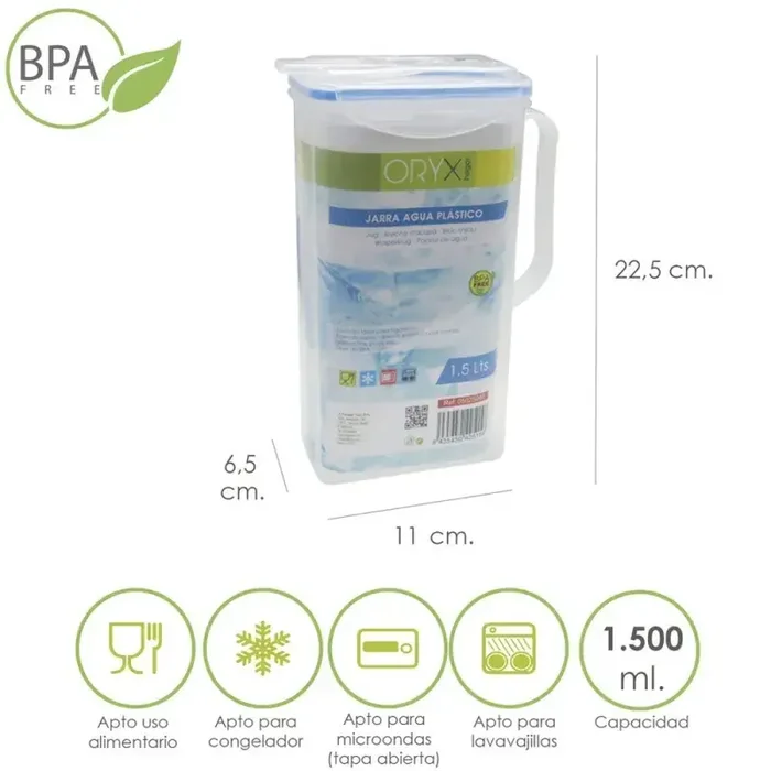 Jarra Plástico Cuadrada 1.500 ml. 11 x 6.5 x 22.5 (alt) cm.