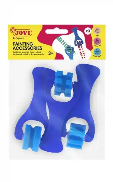 Jovi Bolsa Colgable con 3 Rodillos Espuma Pequeños Estampados Diversos – Formas Diferentes – Mango Resistente – Facil Limpieza con Agua y Jabon – Color Azul