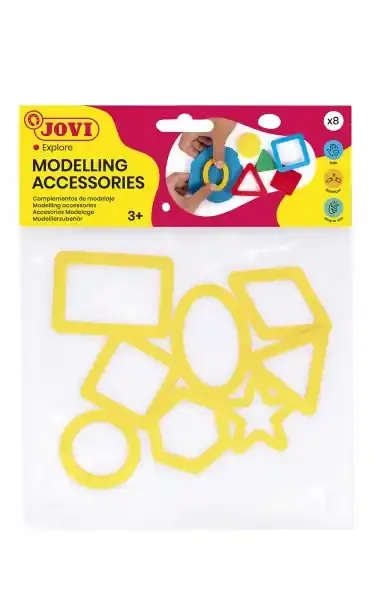 Jovi Bolsa Colgable con 8 Moldes de Corte Figuras Geometricas – Moldes de Plastico para Plastilina – Facil de Usar – Duraderos – Diseño Educativo – Color Amarillo
